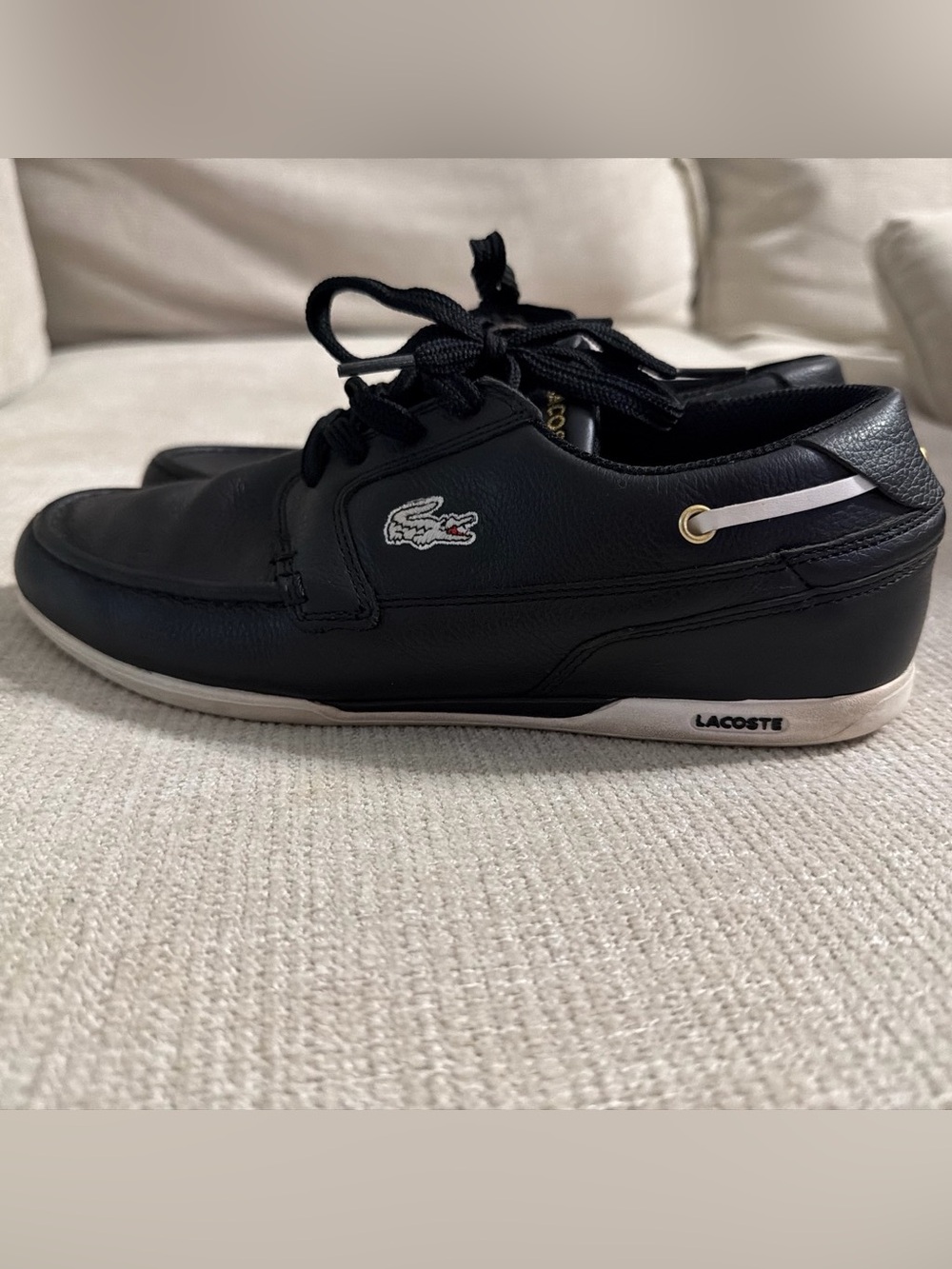 Lacoste Men’s Black Leather Boat Shoe with Tan Sole